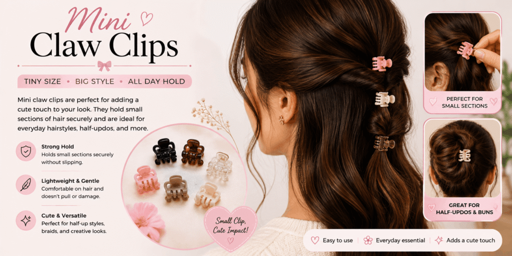 Mini claw clips securing small sections of brown hair in stylish hairstyles