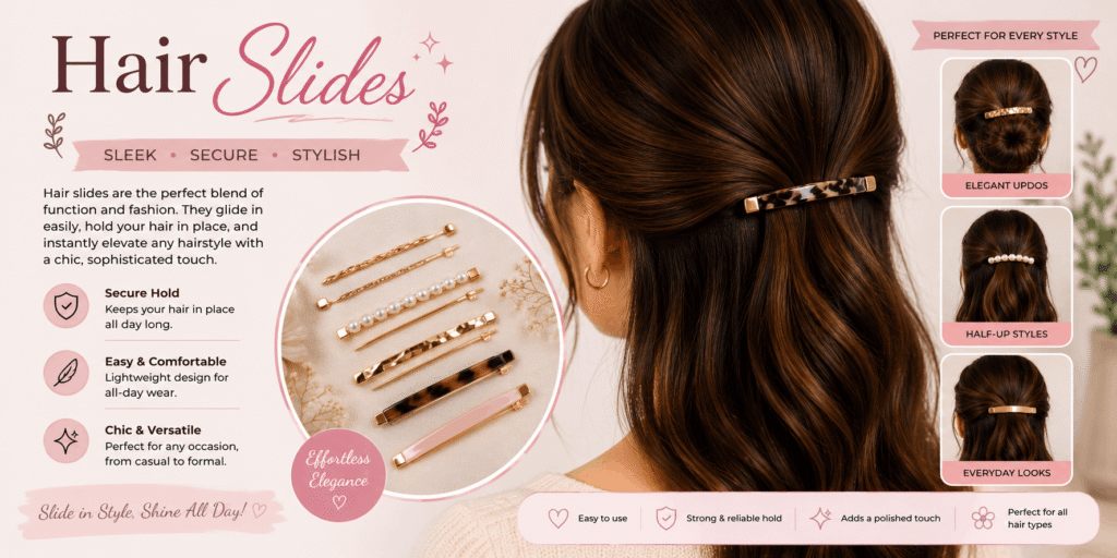 Hair slides securing brown hair in elegant and everyday hairstyles