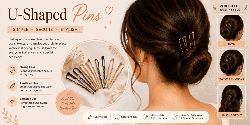 U-shaped hair pins securing an elegant bun hairstyle