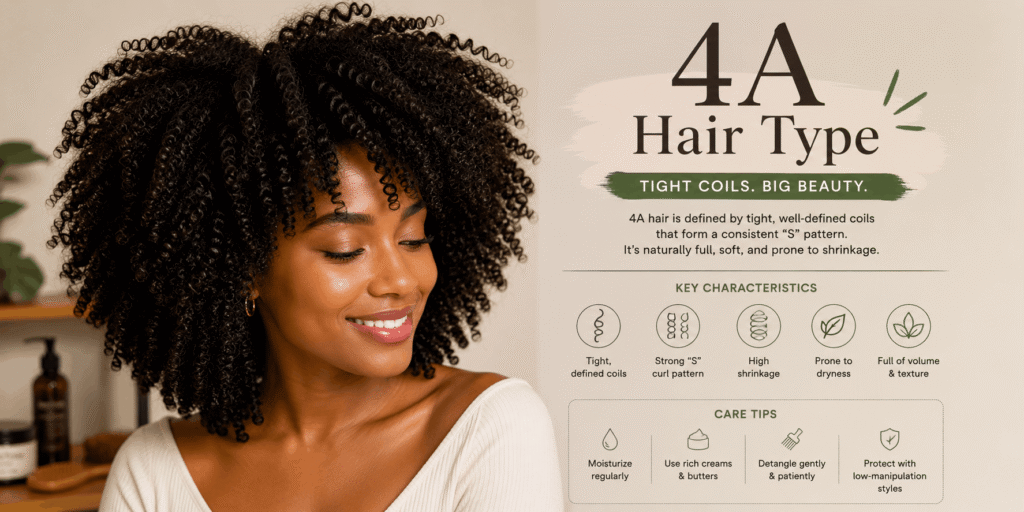 Woman with defined 4A coily hair showing tight S-shaped coils, natural volume, shrinkage, and healthy texture.