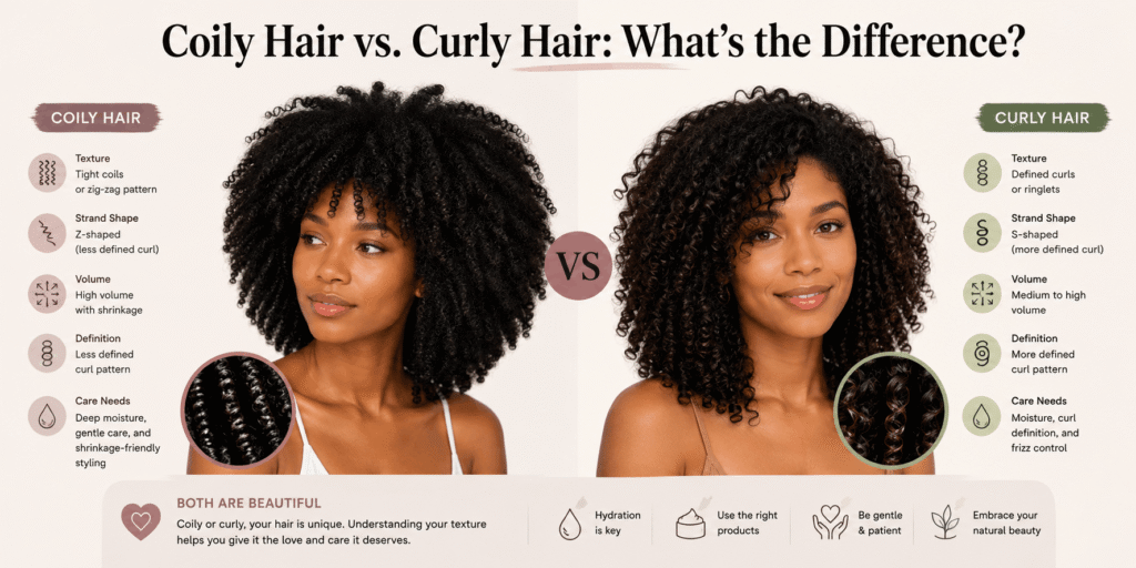 Coily hair vs. curly hair comparison showing differences in curl pattern, strand shape, volume, definition, and hair care needs.