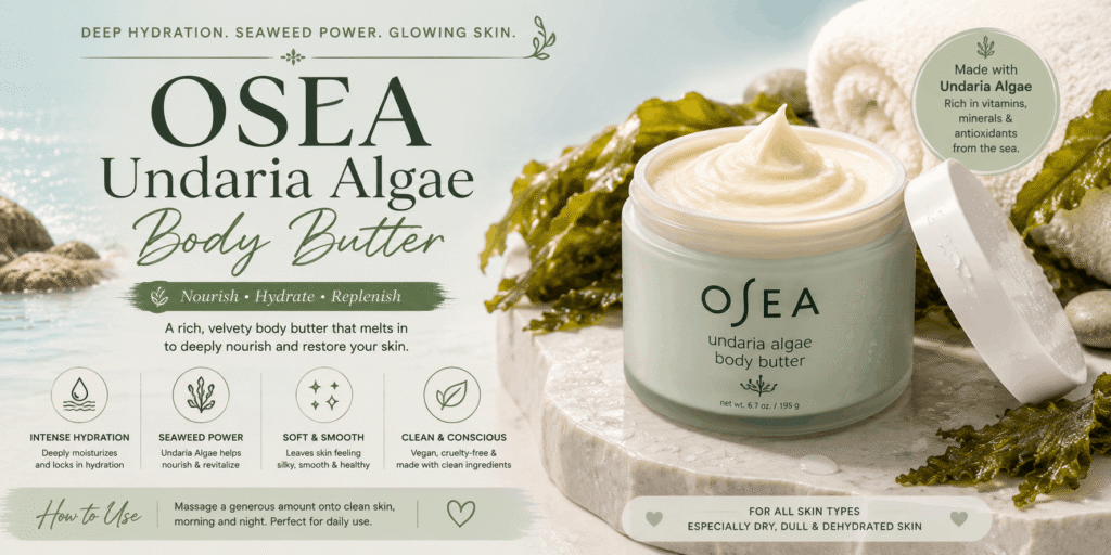 OSEA Undaria Algae Body Butter jar with seaweed, stones, and a spa-inspired setting, highlighting deep hydration and soft, smooth skin.