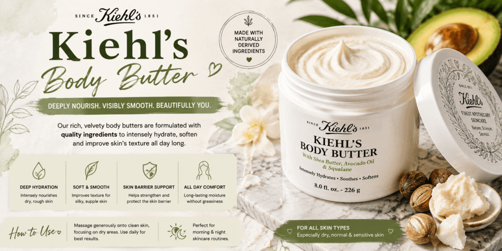 Kiehl's Body Butter jar with shea butter, avocado, and botanical ingredients, highlighting deep hydration and smooth, nourished skin.