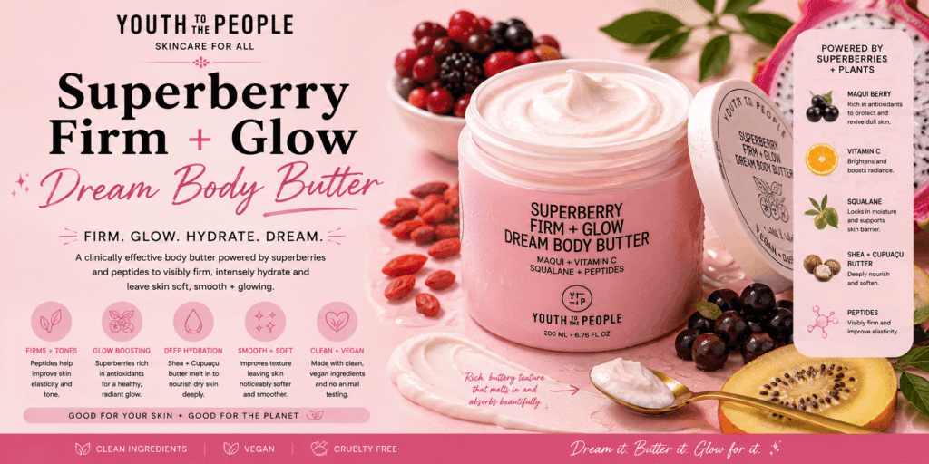 Youth To The People Superberry Firm + Glow Dream Body Butter in a pink jar surrounded by superberries, highlighting hydration, firmness, and glowing skin.