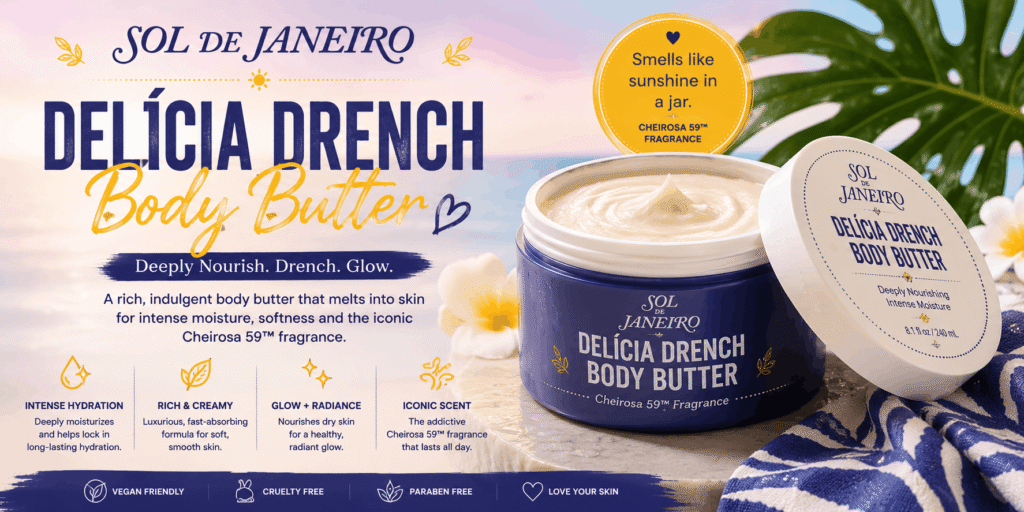Sol de Janeiro Delícia Drench Body Butter in a rich cream formula, shown with tropical flowers and leaves in a bright beach-inspired setting.