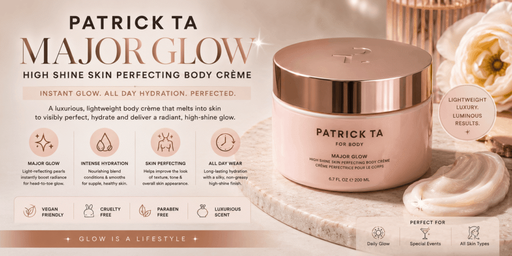 Patrick Ta Major Glow High Shine Skin Perfecting Body Crème jar with a luxurious rose-gold setting, highlighting radiant, hydrated, smooth-looking skin.