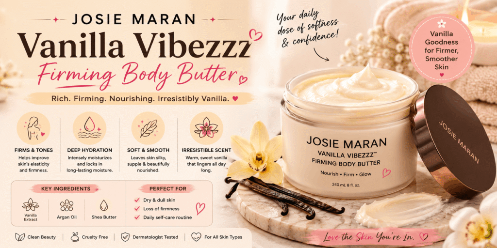 Josie Maran Vanilla Vibezzz Firming Body Butter with creamy whipped texture, vanilla pods, and orchid flowers in a luxurious skincare setting.