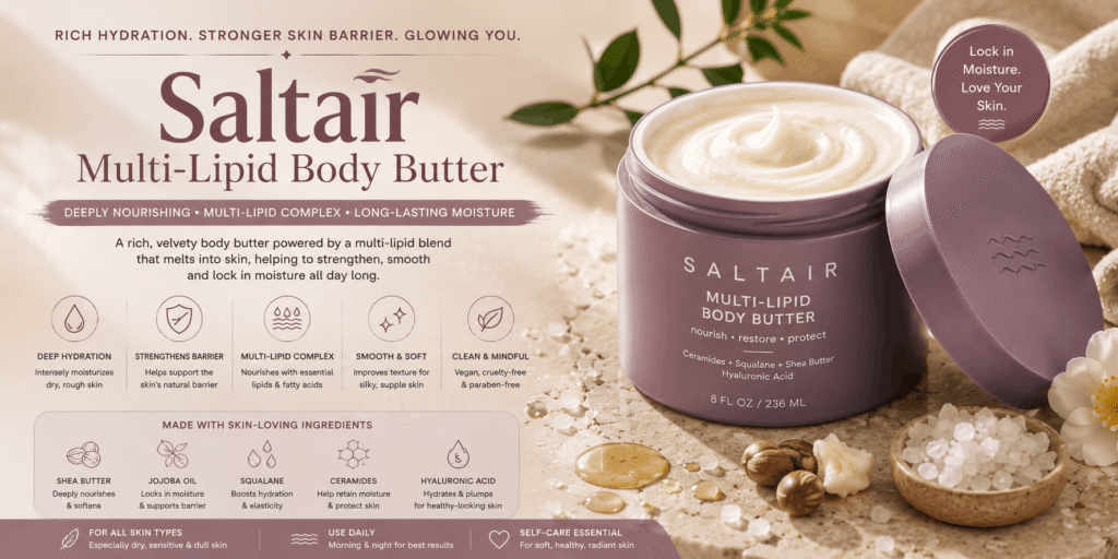 Saltair Multi-Lipid Body Butter jar with rich cream, sea salt, oils, and skincare ingredients in a luxurious spa-inspired setting.