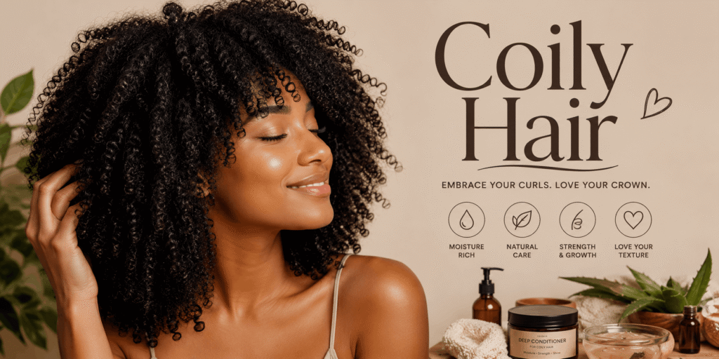 Woman with voluminous natural coily hair in a realistic beauty setting, highlighting moisture, strength, and natural hair care.