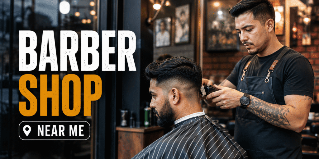 Realistic barber cutting a bearded man’s hair with electric clippers inside a modern barbershop.