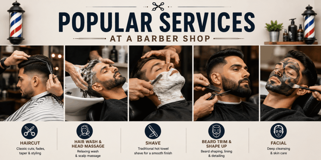 Popular barber shop services including haircut, hair wash and head massage, shave, beard trim and shaping, and facial treatment.