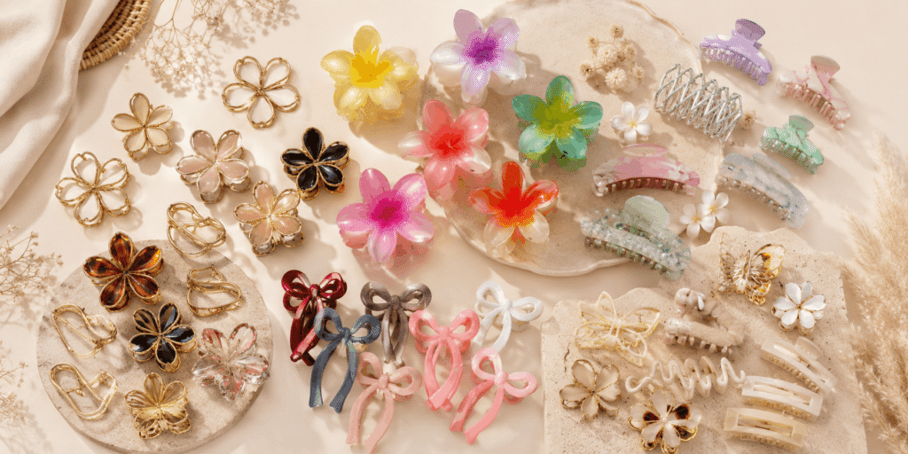 Colorful floral hair clips, butterfly clips, bow clips, and claw clips