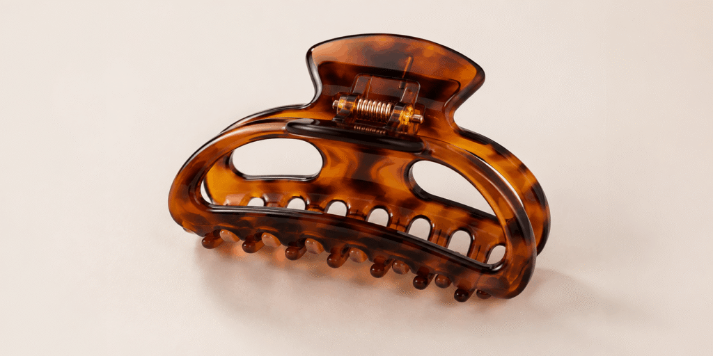 J.Crew rounded open-sided hair clip in glossy tortoiseshell with a curved design and rounded teeth.