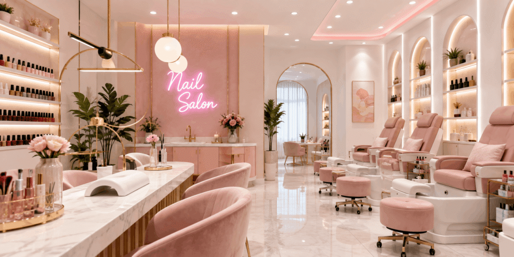 Modern nail salon interior with pink manicure chairs, pedicure stations, nail polish displays, plants, and elegant gold accents.
