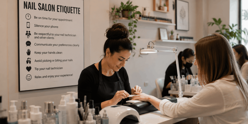 Nail salon technician providing a manicure to a client in a clean, professional salon while following proper nail salon etiquette.