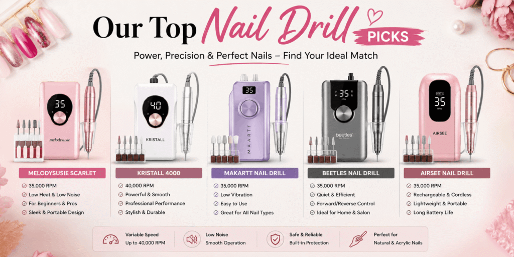 Top nail drill picks displayed side by side, including MelodySusie Scarlet, Kristall 4000, Makartt, Beetles, and Airsee nail drills with their key features.