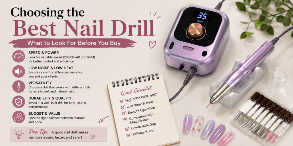 Purple electric nail drill with multiple drill bits, nail swatches, and a checklist showing key features to consider when choosing the best nail drill.