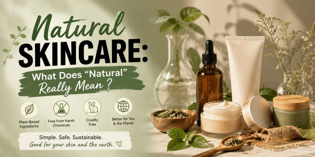 Natural skincare products with botanical ingredients alongside a graphic explaining what “natural” skincare really means.