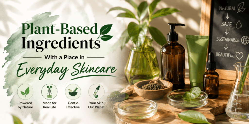 Plant-based skincare ingredients including fresh leaves, herbs, botanical extracts, and natural skincare products arranged for everyday skincare.