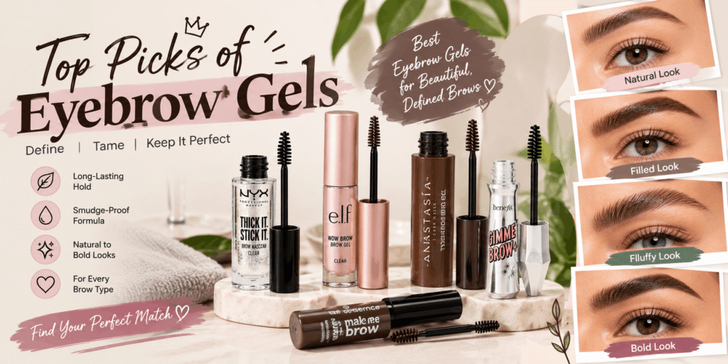 Top eyebrow gel picks displayed with different brow looks including natural, filled, fluffy, and bold eyebrows.