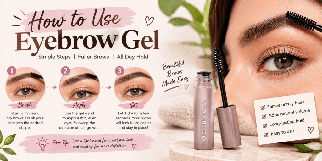 Step-by-step guide showing how to use eyebrow gel to brush, shape, apply, and set eyebrows for a neat natural look.
