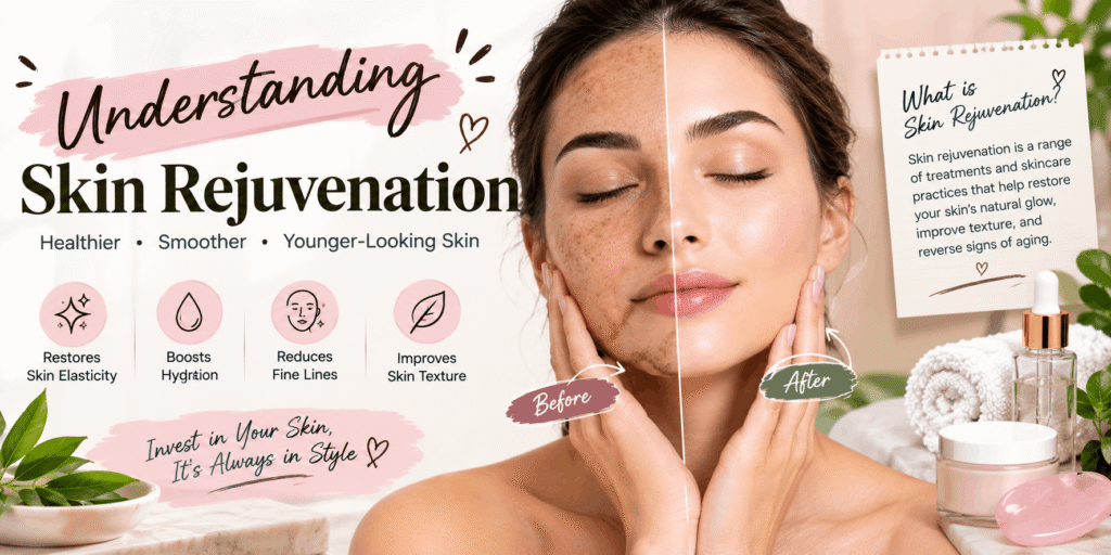 Woman with glowing, healthy-looking skin alongside skincare products, towels, flowers, and a visual representation of skin rejuvenation benefits.