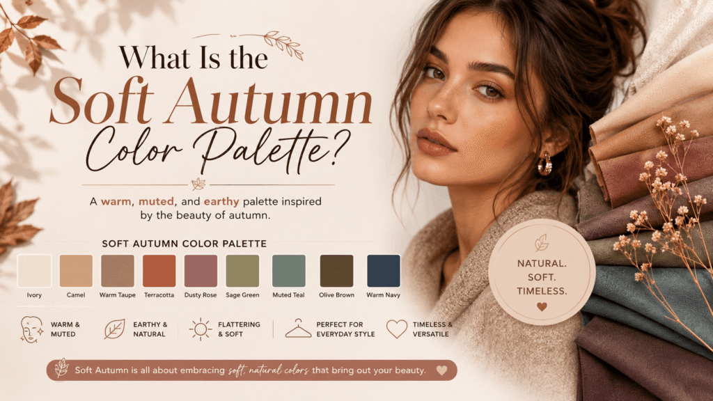 Soft Autumn Color Palette – Warm, muted earthy colors featuring soft browns, olive greens, terracotta, sage, camel, and dusty teal swatches.
