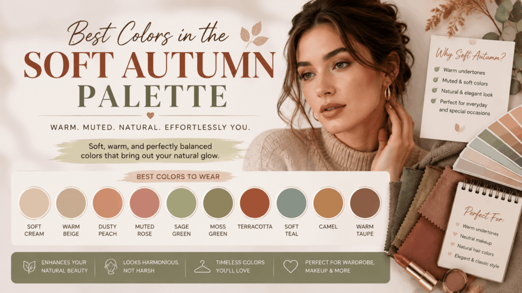 Soft Autumn Color Palette – Warm, muted earthy colors featuring soft browns, olive greens, terracotta, sage, camel, and dusty teal swatches.