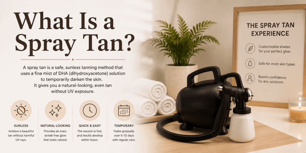 Spray Tan Near Me – Professional spray tan technician applying an even, natural-looking sunless tan in a modern beauty salon.