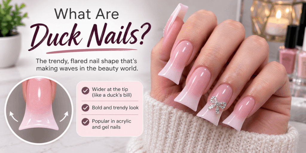 Duck Nails – Trendy flared duck nails featuring long acrylic nails with bold designs, glossy finish, and stylish nail art.