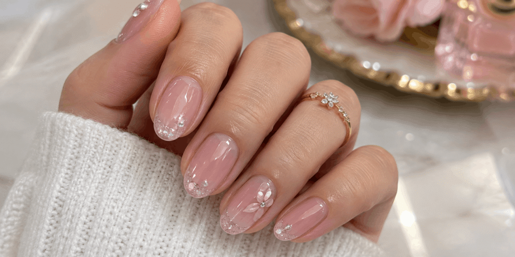 Realistic close-up of glossy pink oval nails with subtle glitter tips, delicate floral nail art, tiny rhinestones, and a gold floral ring.