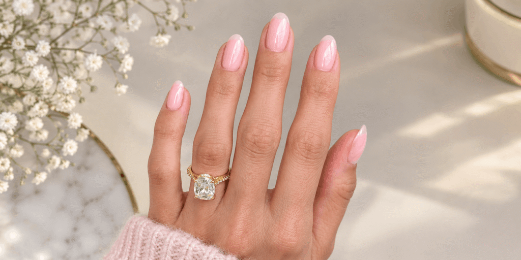 Glossy pale pink almond nails with an elegant gold gemstone ring