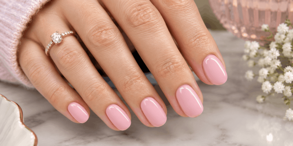 Glossy sheer pink oval nails with a soft natural finish