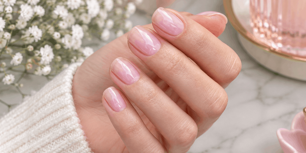 Glossy light pink short oval nails with a soft natural finish