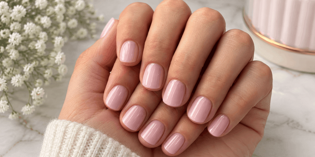 Glossy light pink short square nails with a soft natural finish
