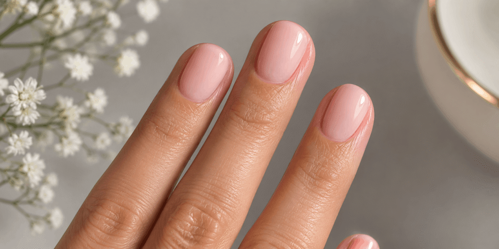 Glossy blush pink short oval nails with a natural finish