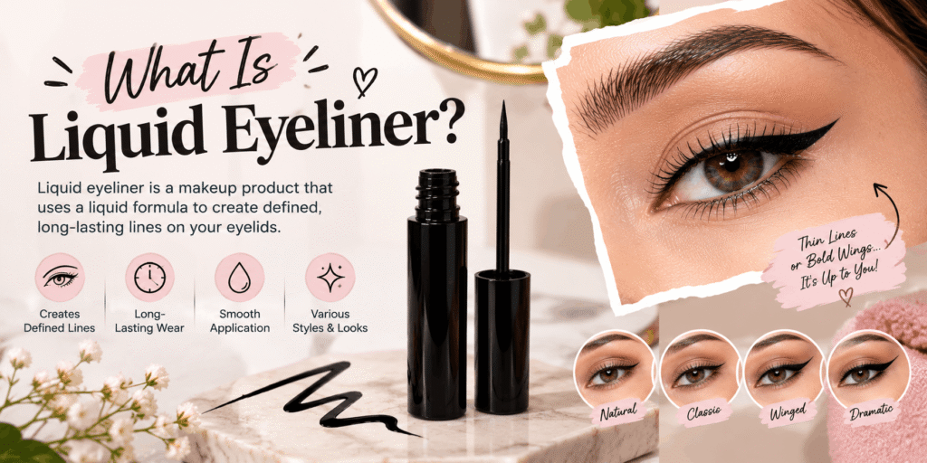 Liquid eyeliner product with precision applicator and close-up eye showing a defined winged eyeliner look, illustrating different liquid eyeliner styles.