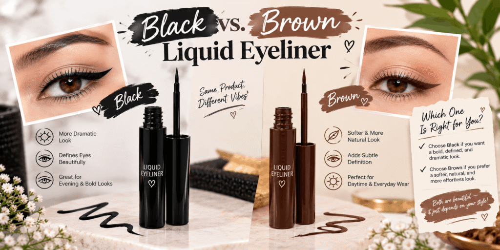 Side-by-side comparison of black and brown liquid eyeliner showing bold black and soft brown eye looks with matching eyeliner products.