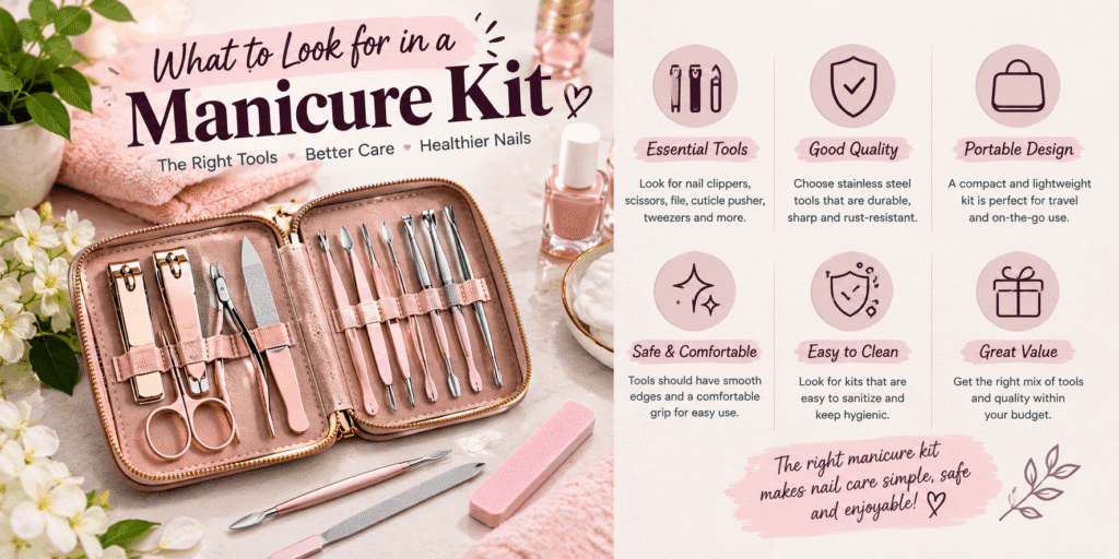 Manicure kit with essential nail tools and a guide highlighting quality, portability, comfort, easy cleaning, and value.
