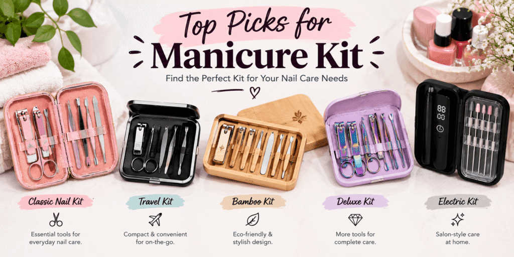 Different types of manicure kits including classic, travel, bamboo, deluxe, and electric kits displayed with their names and nail-care tools.