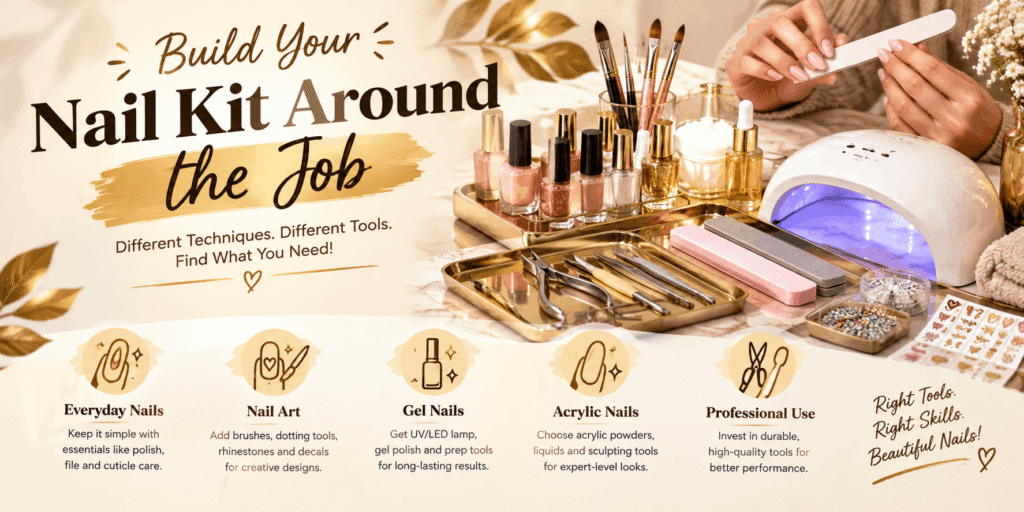 Luxury nail kit with manicure tools, nail polish, UV lamp, nail art supplies, and labeled sections for everyday nails, nail art, gel nails, acrylic nails, and professional use.