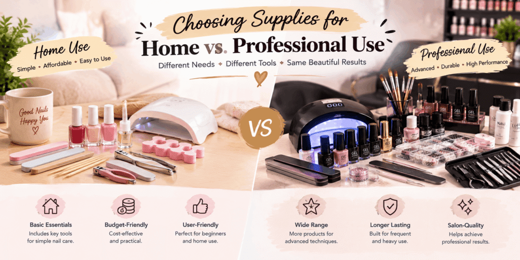 Comparison of home and professional nail supplies, featuring basic manicure tools and polish for home use alongside advanced nail equipment, gel products, and salon tools.