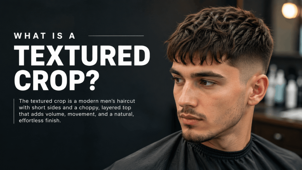 Man with a modern textured crop haircut featuring short faded sides and a textured top for a stylish look.