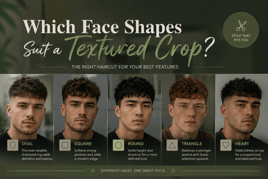 Man with a modern textured crop haircut featuring short faded sides and a textured top for a stylish look.