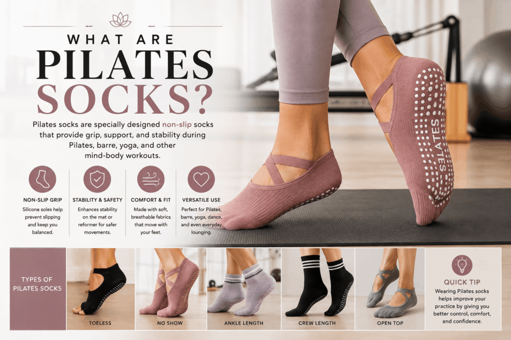 Person wearing non-slip Pilates socks during a Pilates workout on a yoga mat for better grip and stability.