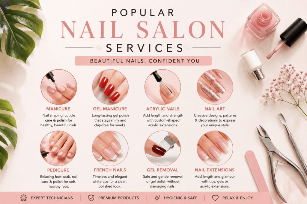 Modern nail salon with professional nail technicians providing manicure and pedicure services in a clean, stylish setting.