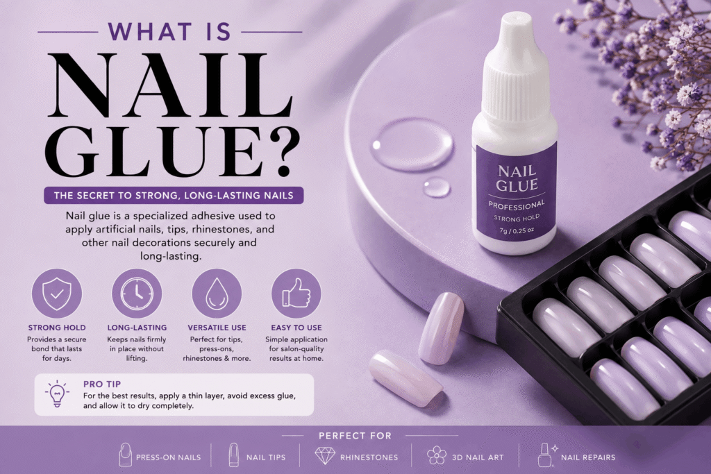 Nail glue bottle with press-on nails and manicure tools for secure and long-lasting nail application.