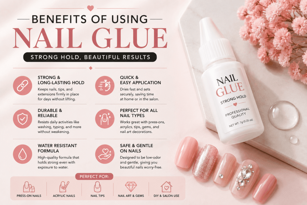 Nail glue bottle with press-on nails and manicure tools for secure and long-lasting nail application.