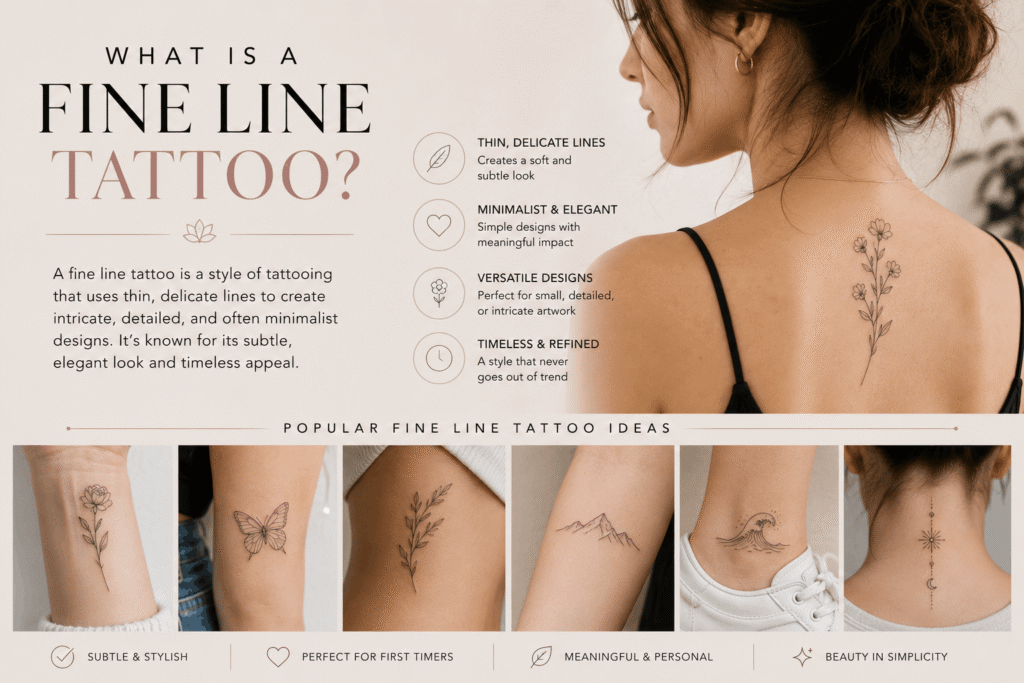 Elegant fine line tattoo with delicate minimalist design inked on the skin by a professional tattoo artist.