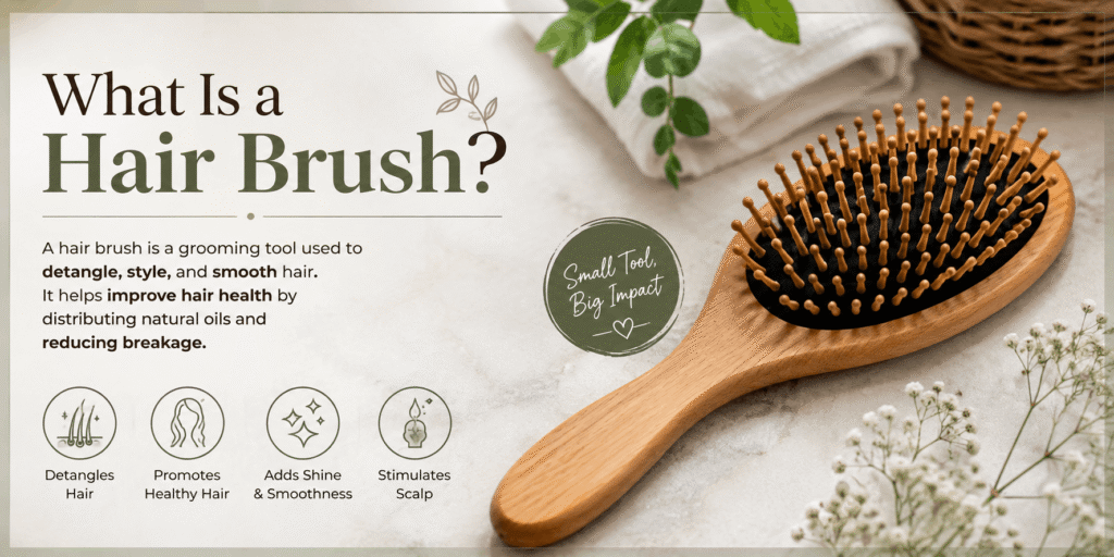 Different types of hair brushes displayed for detangling, styling, and everyday hair care.